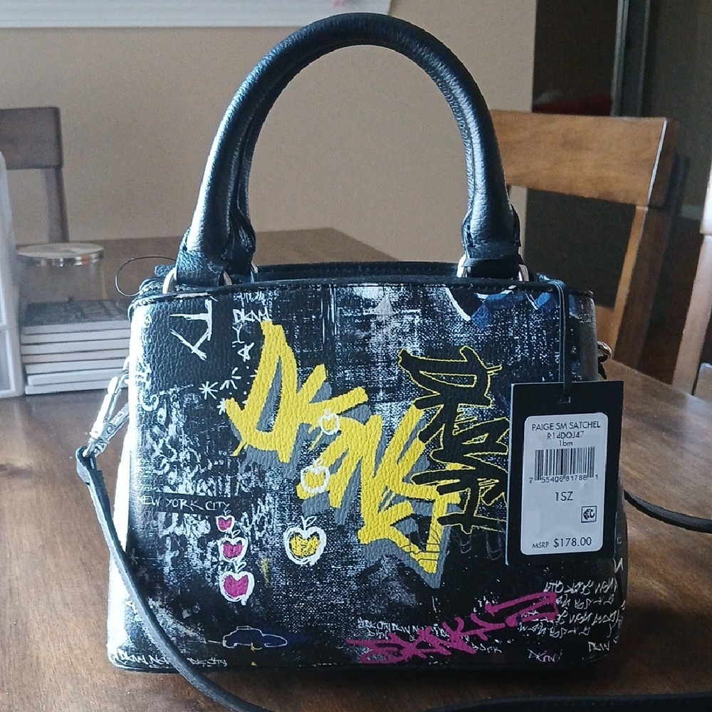 PAIGE Black Satchel with Yellow and Pink Graffiti Accents - Picture 2 of 9